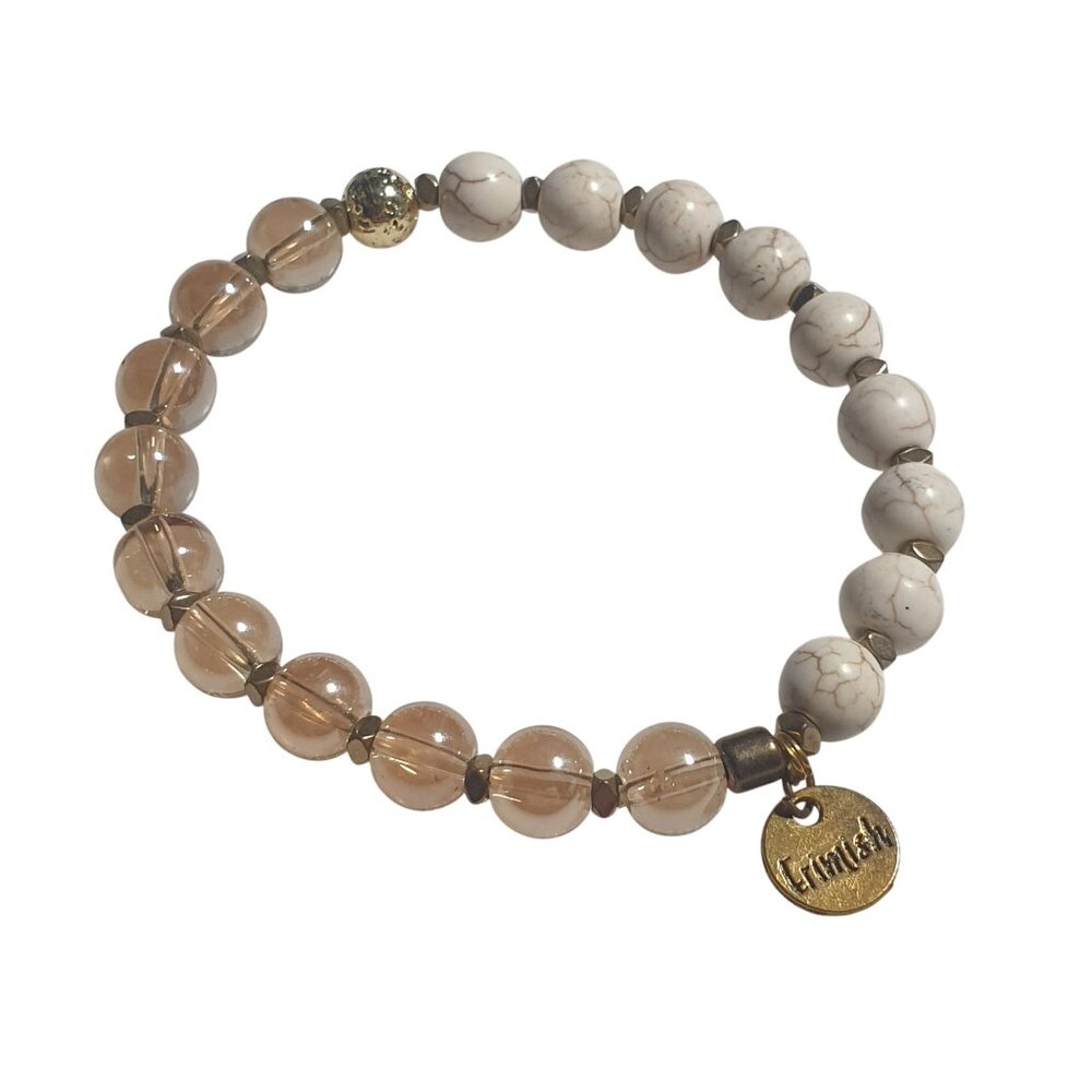 Erimish Beaded Stretch Bracelet Howlite Brown Gold Charm Translucent Glass Beads